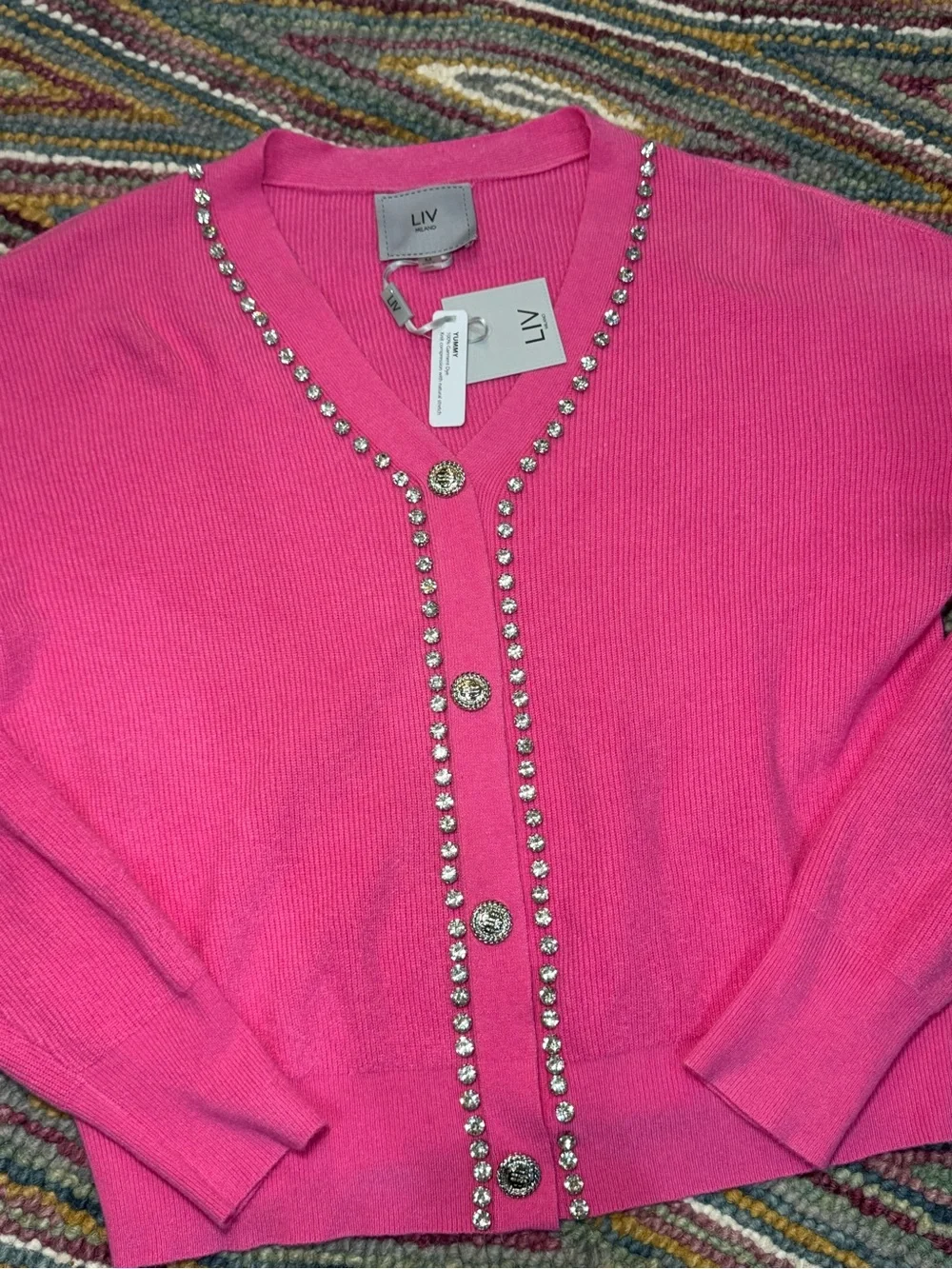 🪩🩷💕 Milano Hot Pink V-Neck Crystal-Trim Bling Embellished Cardigan Sweater 💕🩷🪩 - Picture 7 of 9